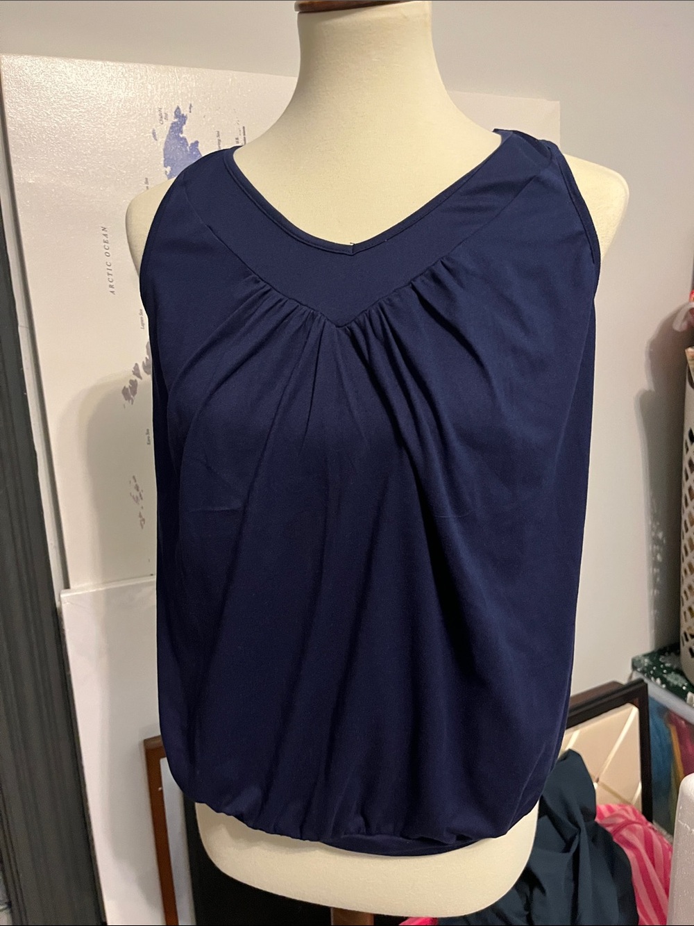 Navy Sleeveless V-Neck Gathered Tank Top - Women